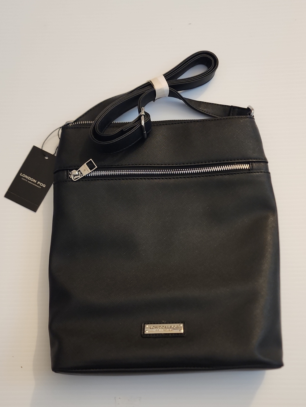 London Fog Lorraine Black Square Crossbody Bag with Front Zip. NWT